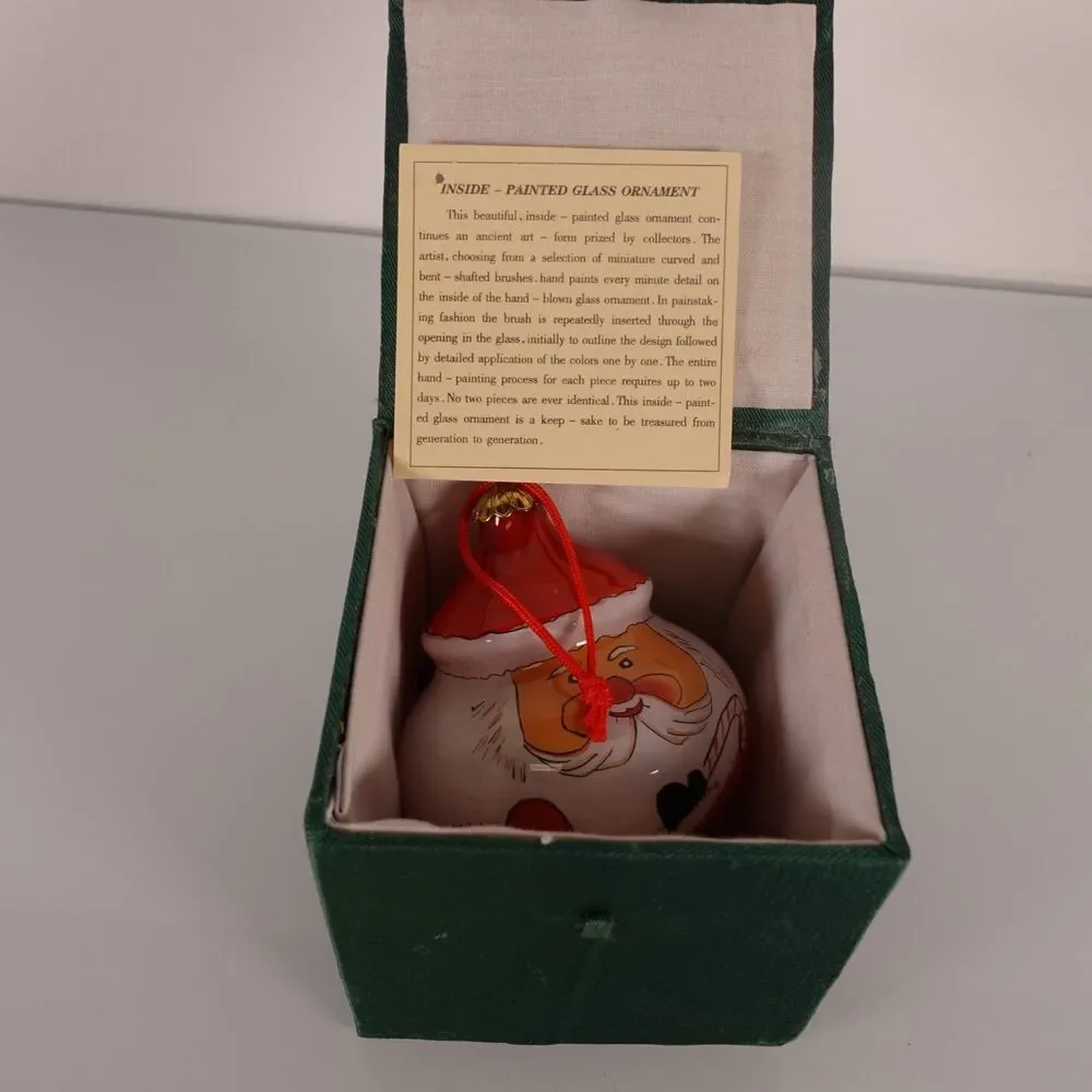 Vintage Hand-Blown Inside Painted Christmas Holiday Santa Glass Ornament in Box